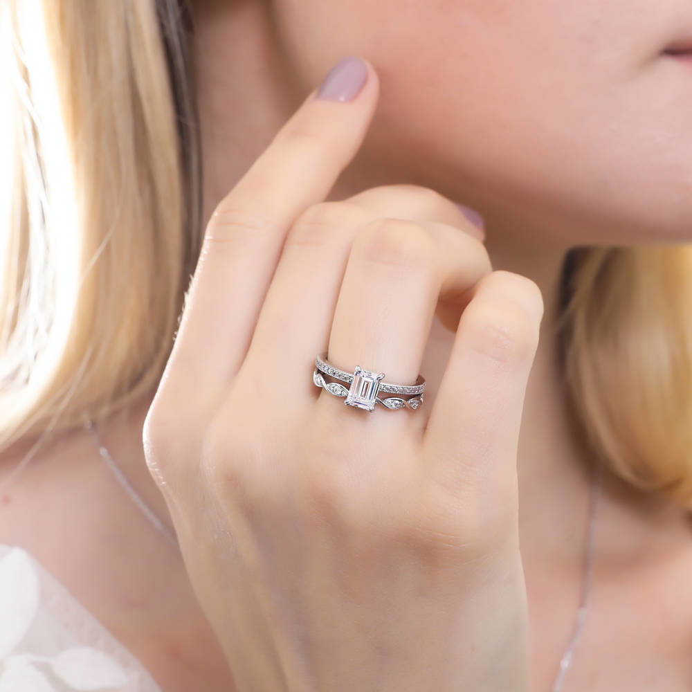 Solitaire 1ct Emerald Cut CZ Ring Set in Sterling Silver