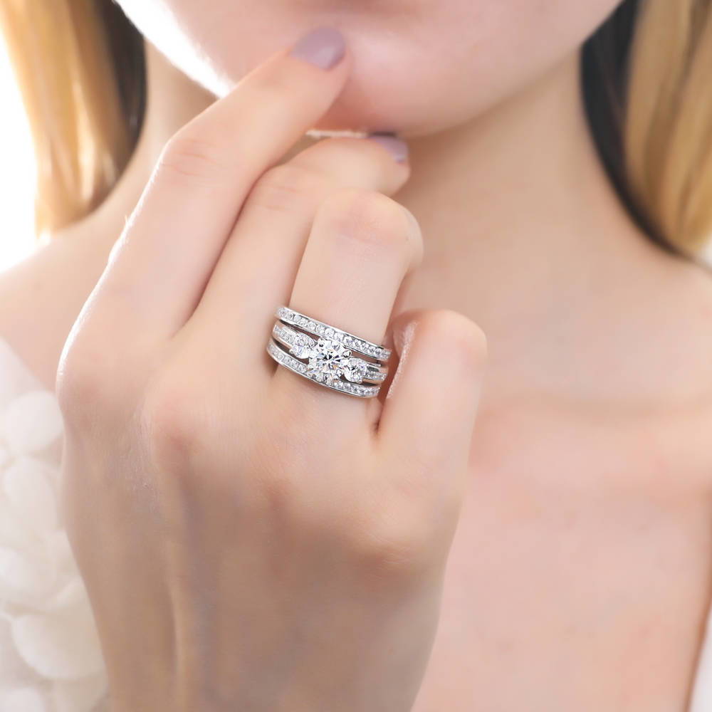 Model wearing 3-Stone Round CZ Ring Set in Sterling Silver, 2 of 12