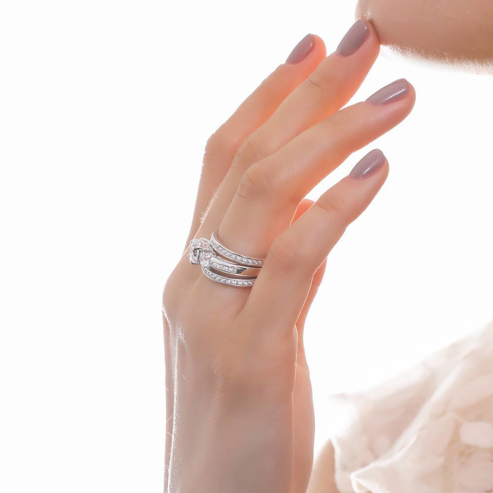 Model wearing 3-Stone Round CZ Ring Set in Sterling Silver, 5 of 12