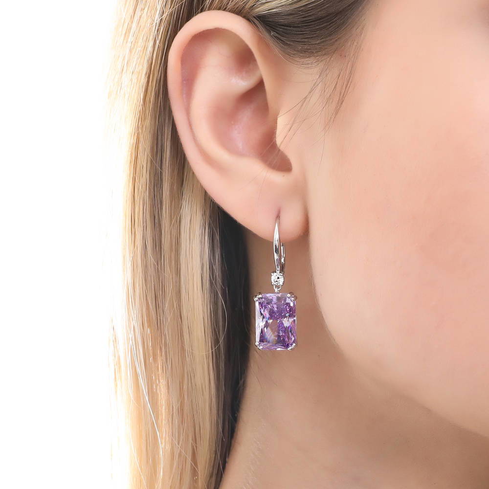 Solitaire Purple Radiant CZ Leverback Earrings in Sterling Silver 17ct