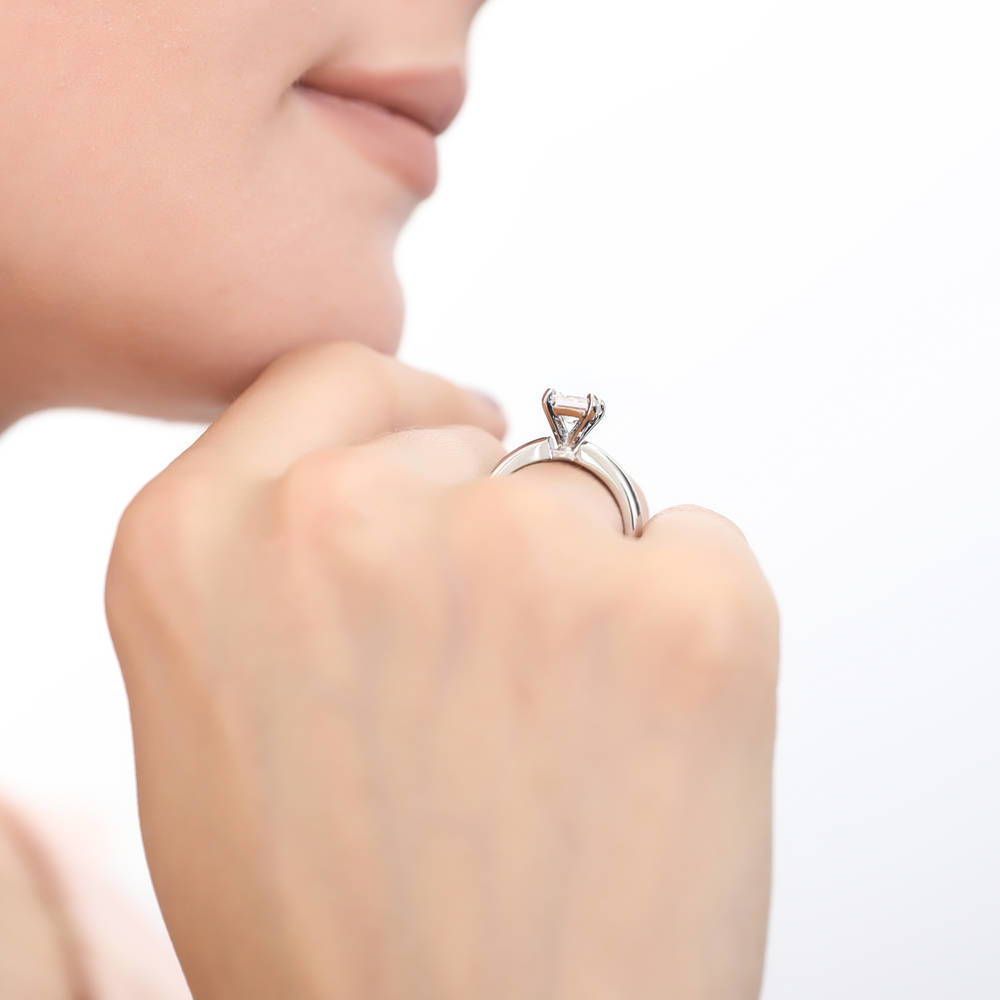 Model wearing Solitaire 1.2ct Princess CZ Ring in Sterling Silver, 6 of 9