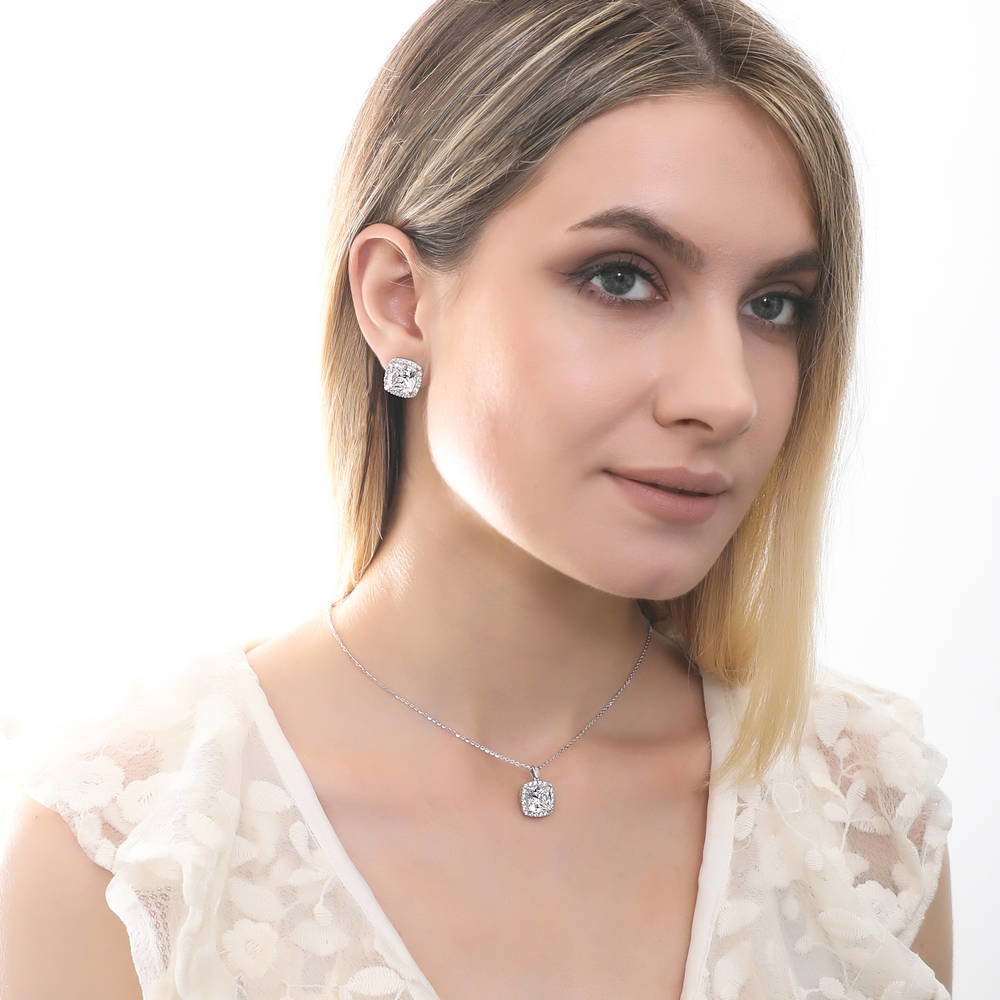 Model wearing Halo Cushion CZ Pendant Necklace in Sterling Silver, 2 of 6