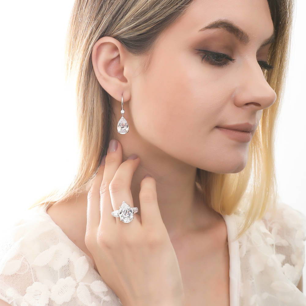 Solitaire 11.4ct Pear CZ Leverback Dangle Earrings in Sterling Silver