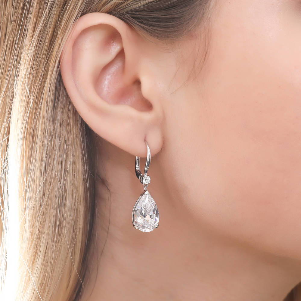 Solitaire 11.4ct Pear CZ Leverback Dangle Earrings in Sterling Silver