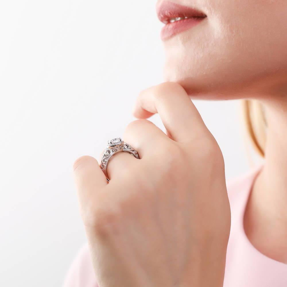 Halo Art Deco Milgrain CZ Ring in Sterling Silver