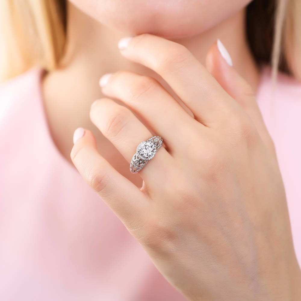 Halo Art Deco Milgrain CZ Ring in Sterling Silver