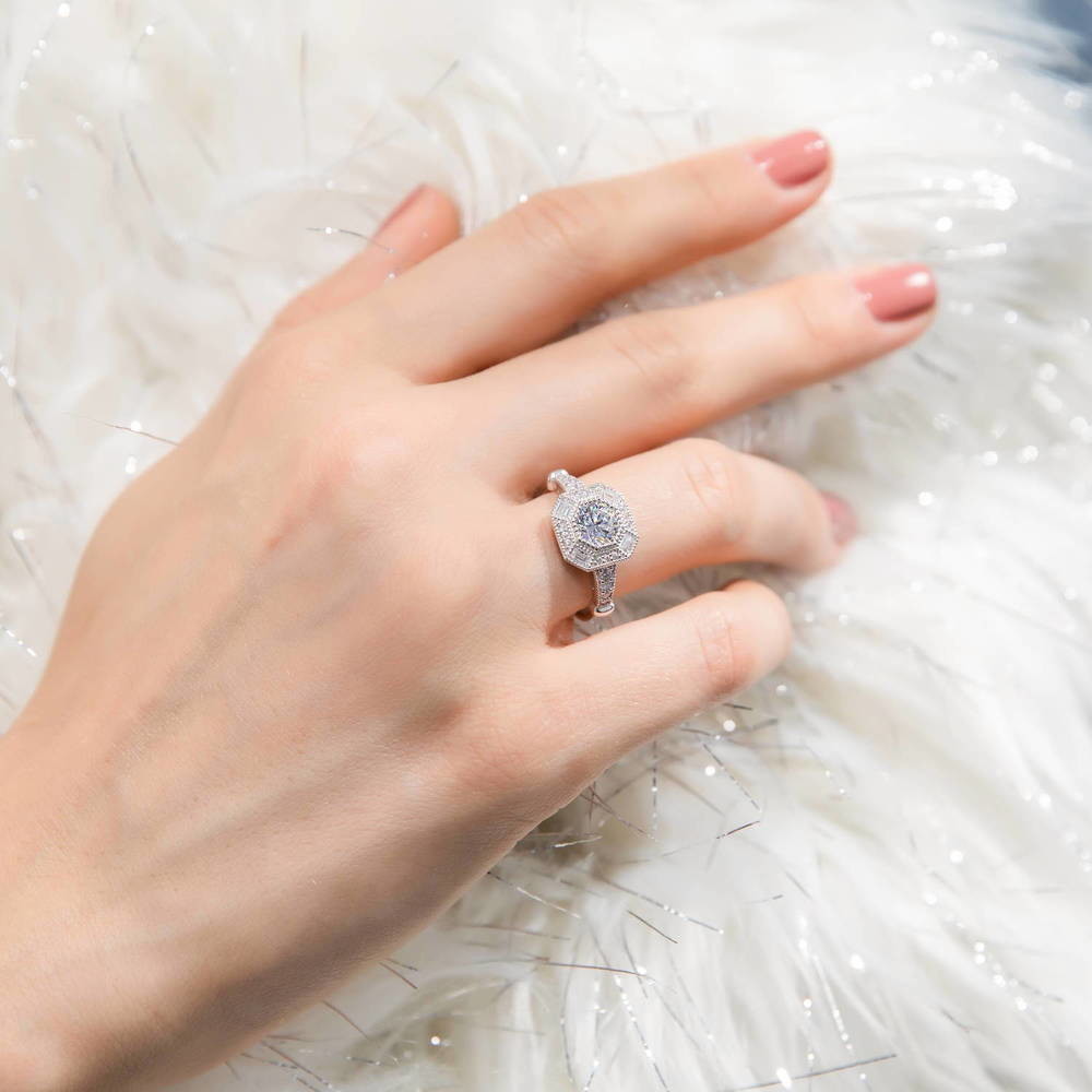 Halo Art Deco Milgrain Octagon Sun Cut CZ Ring in Sterling Silver