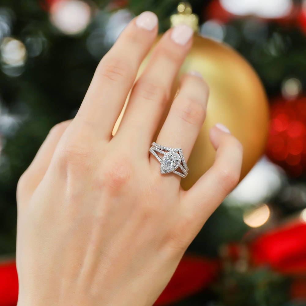 Halo Wishbone Pear CZ Split Shank Ring Set in Sterling Silver