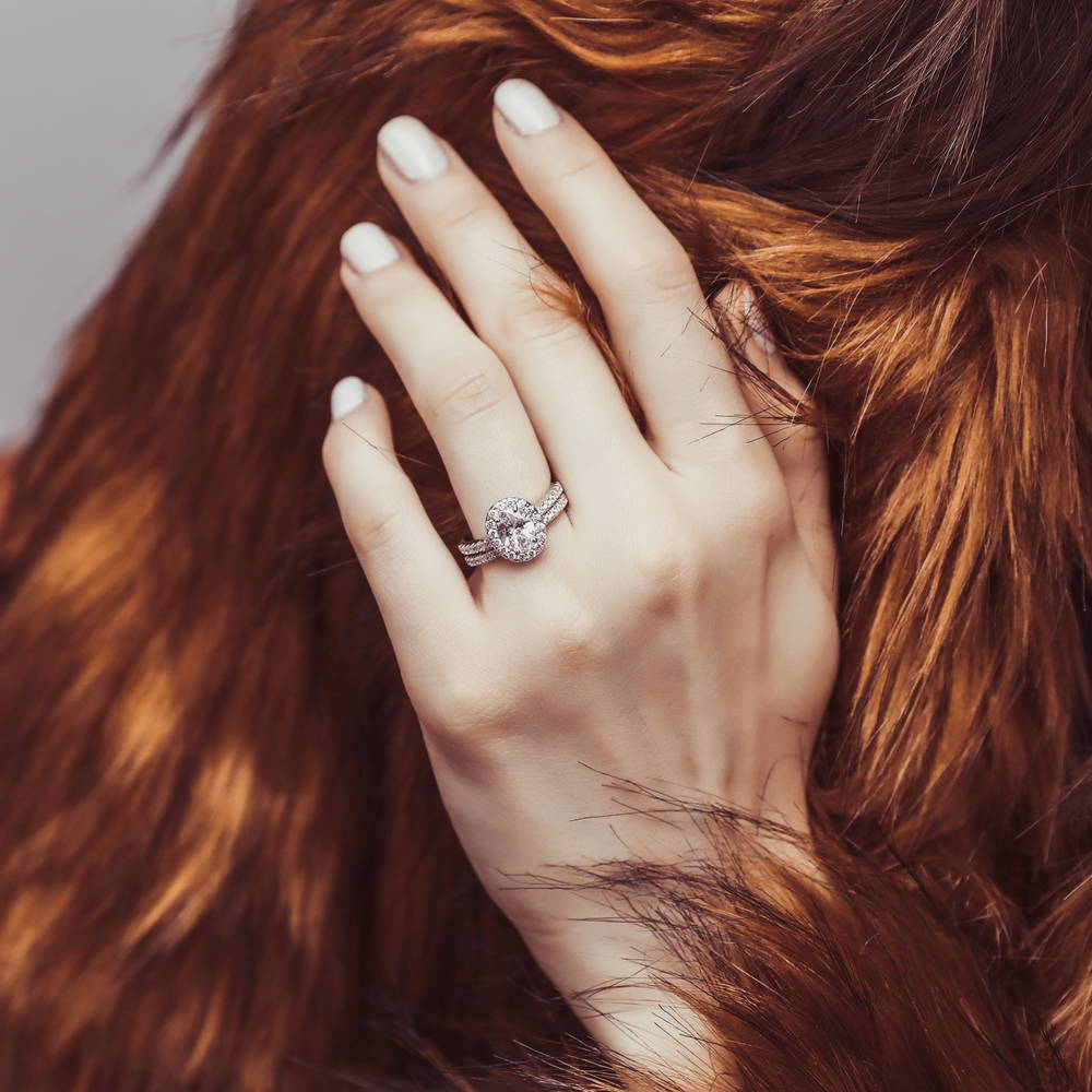 Halo Oval CZ Ring Set in Sterling Silver