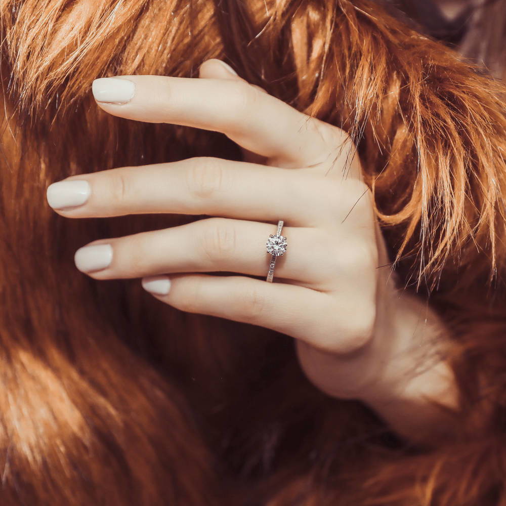 Model wearing Solitaire 1ct Round CZ Ring Set in Sterling Silver, 9 of 14