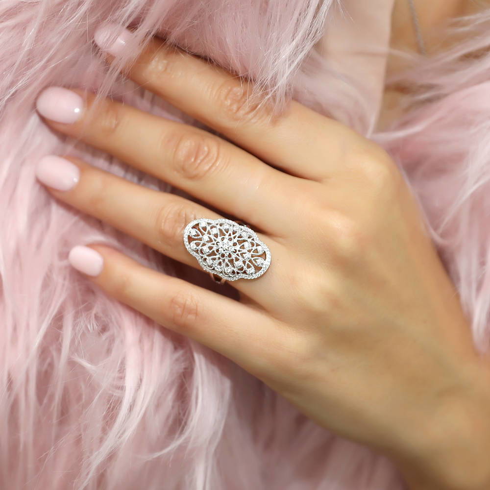 Flower Navette Art Deco Filigree CZ Ring in Sterling Silver