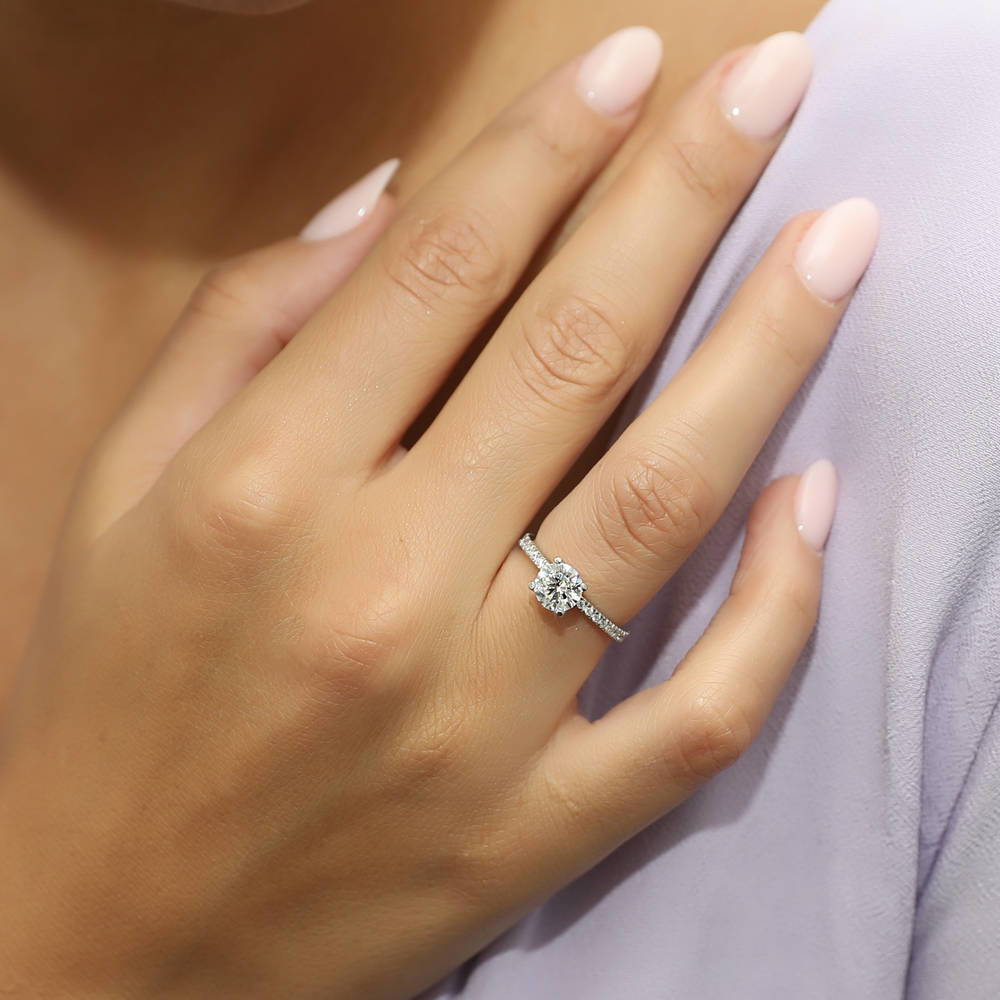 Model wearing Solitaire 1ct Round CZ Ring in Sterling Silver, 2 of 7