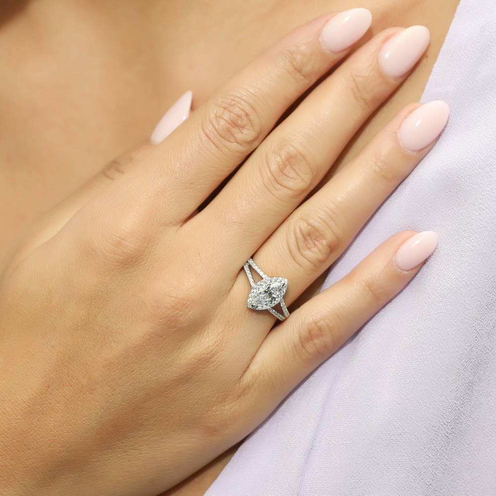 Model wearing Halo Marquise CZ Split Shank Ring Set in Sterling Silver, 5 of 9