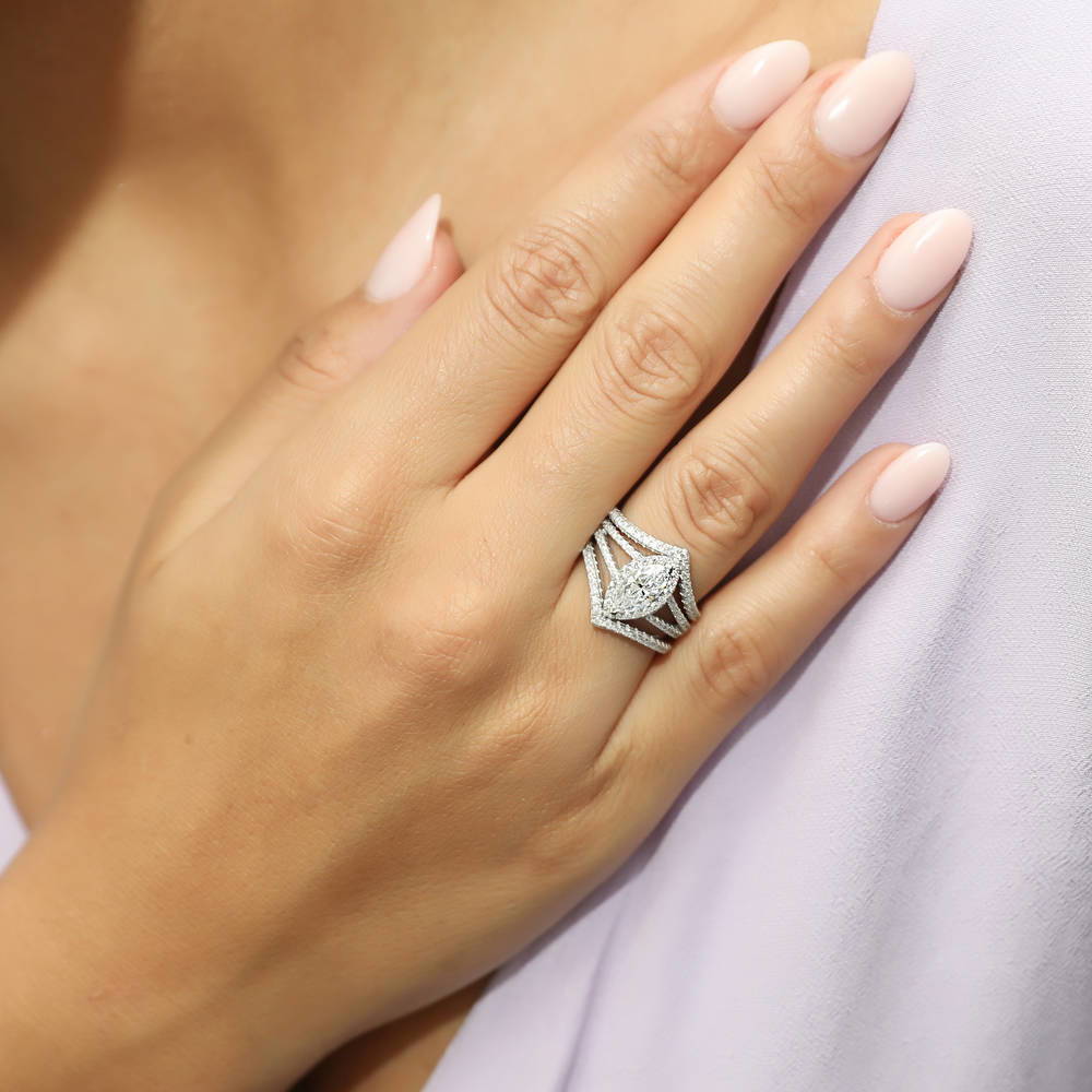 Halo Marquise CZ Split Shank Ring Set in Sterling Silver