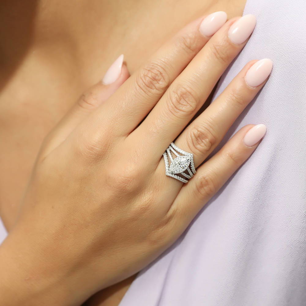 Model wearing Halo Marquise CZ Split Shank Ring Set in Sterling Silver, 2 of 9