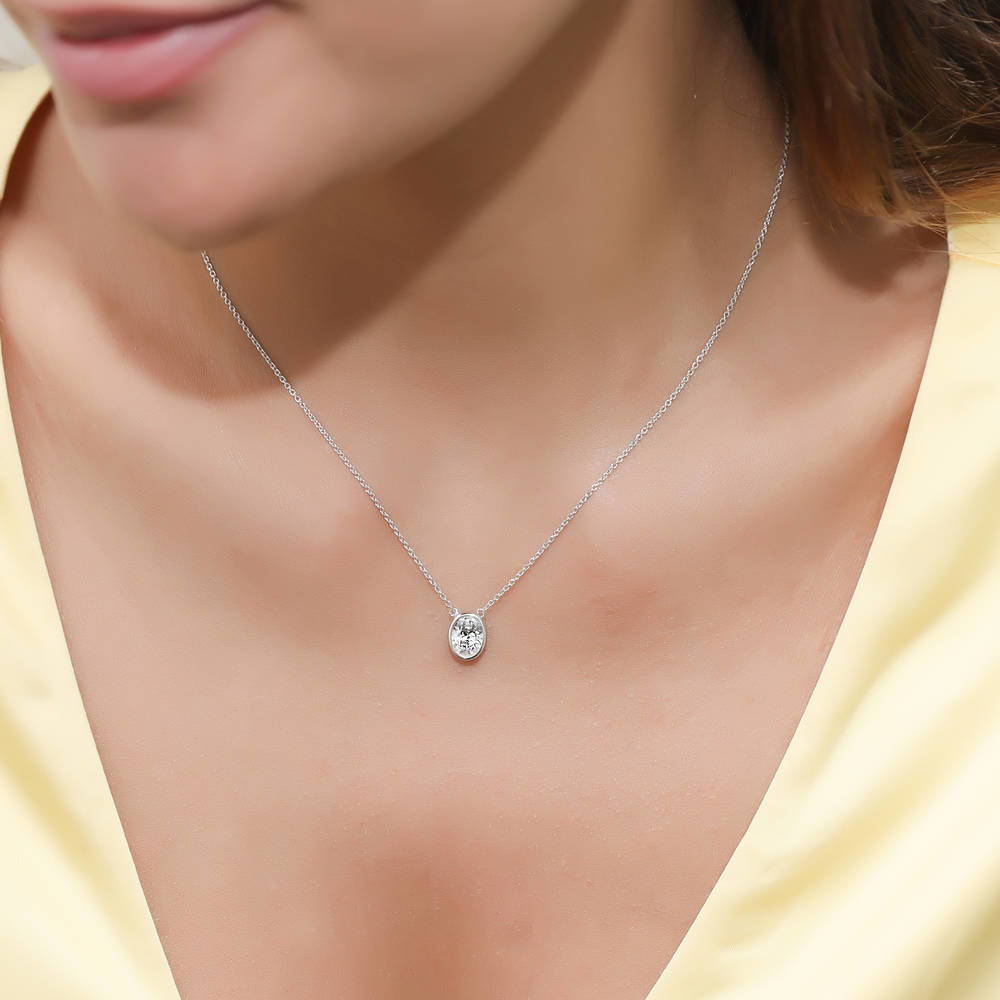 Solitaire 1.2ct Bezel Set Oval CZ Pendant Necklace in Sterling Silver