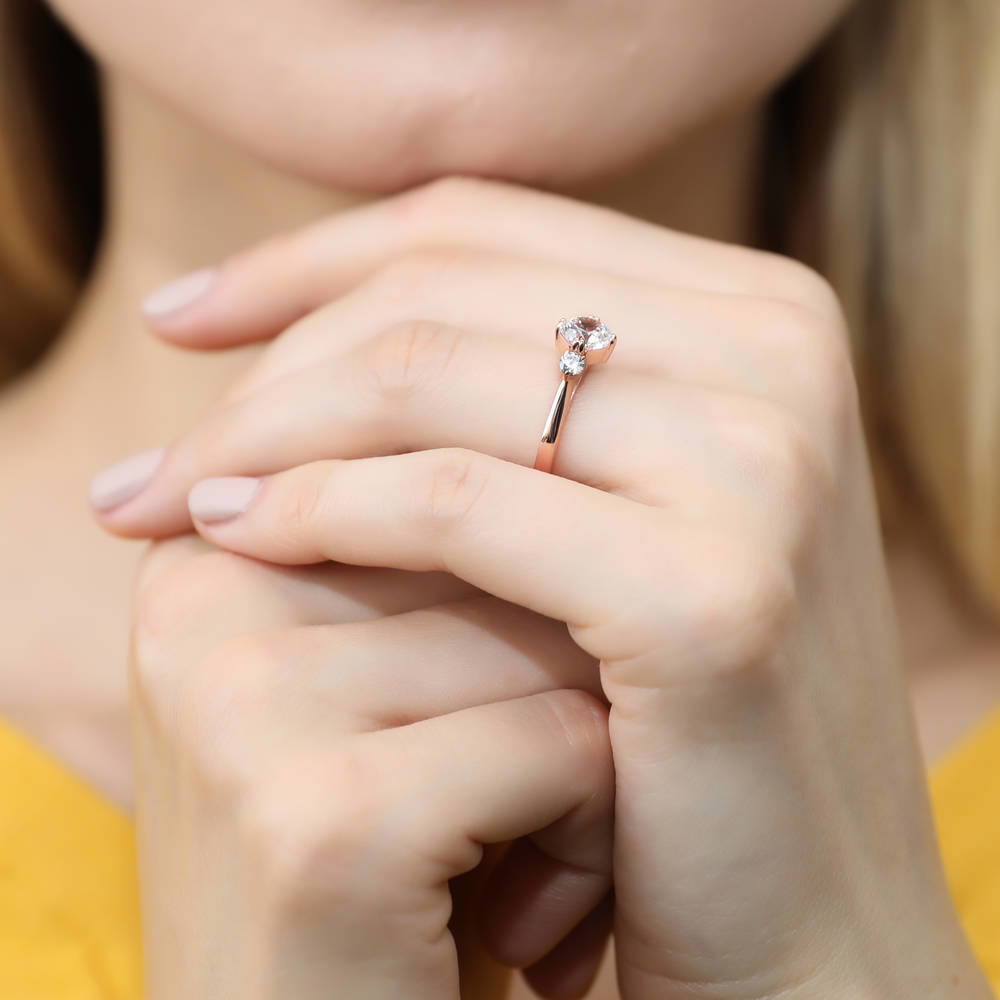 3-Stone Octagon Sun CZ Ring in Rose Gold Plated Sterling Silver