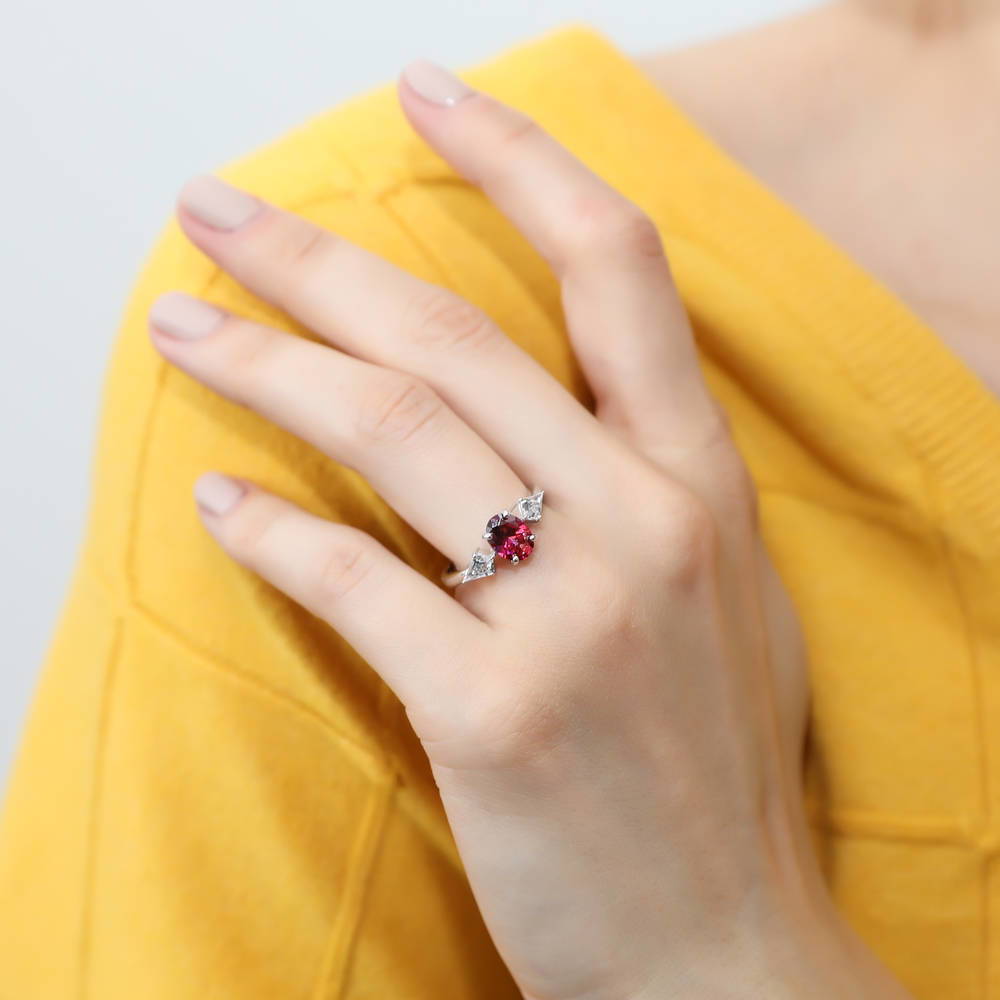 Model wearing 3-Stone Red Oval CZ Ring in Sterling Silver, 2 of 7