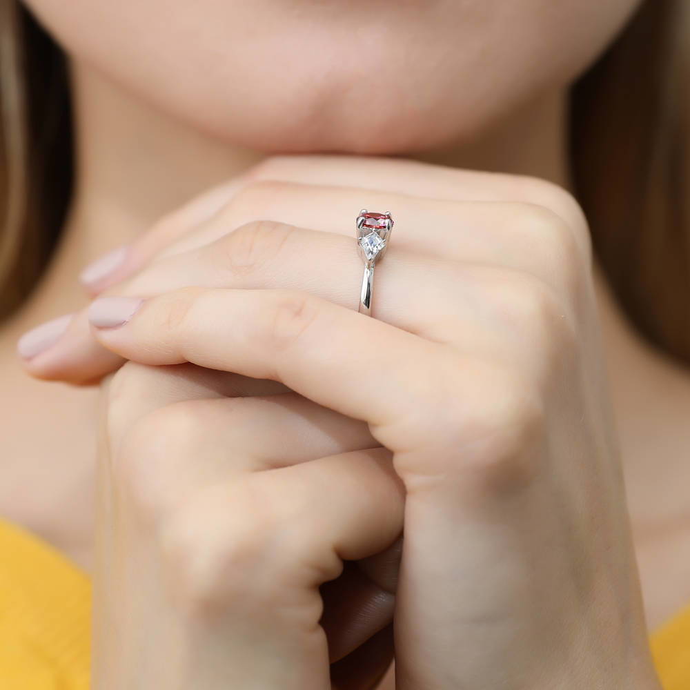 Model wearing 3-Stone Red Round CZ Ring in Sterling Silver, 6 of 7