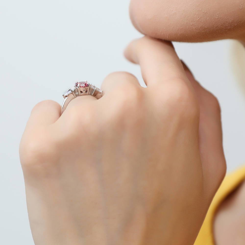 Model wearing 3-Stone Red Round CZ Ring in Sterling Silver, 3 of 7