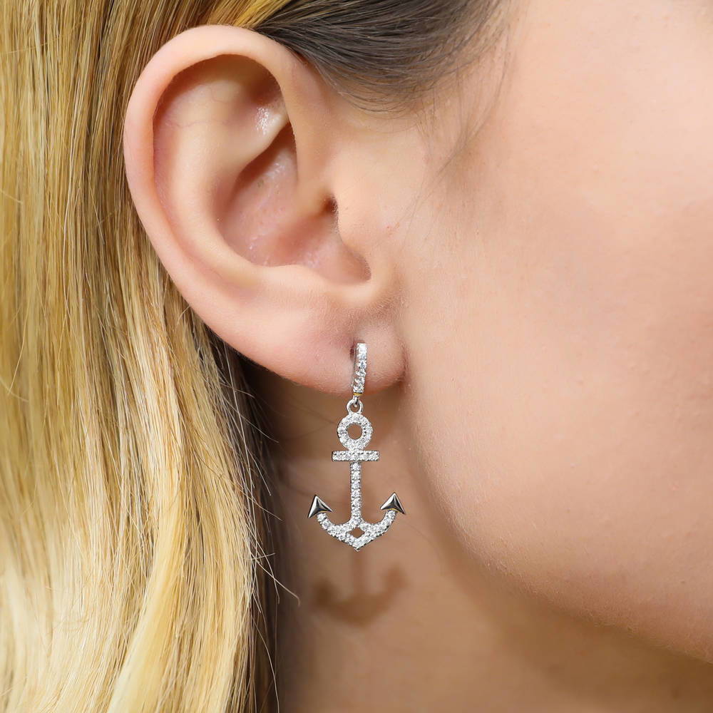 Model wearing Anchor CZ Necklace and Earrings Set in Sterling Silver, 7 of 9