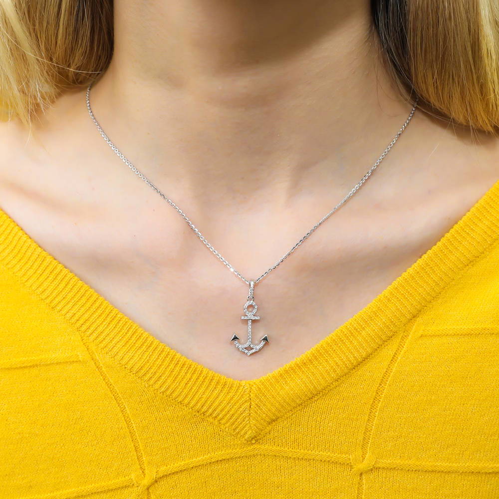 Model wearing Anchor CZ Necklace and Earrings Set in Sterling Silver, 6 of 9