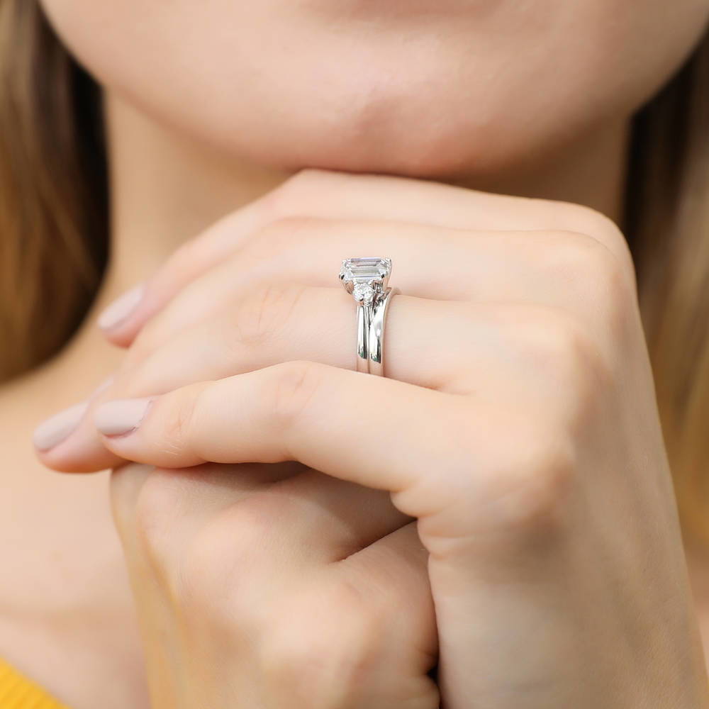 3-Stone 1ct Emerald Cut CZ Ring Set in Sterling Silver