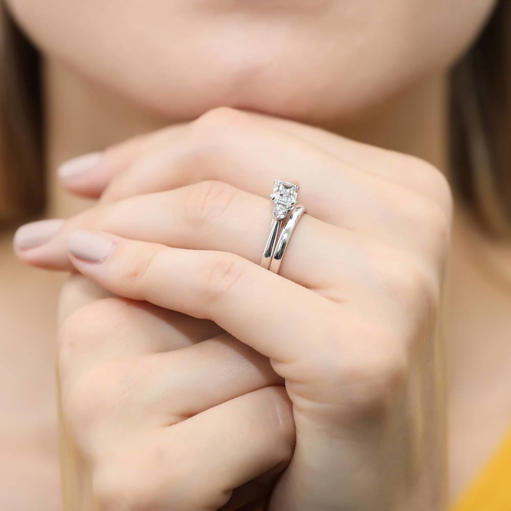 3-Stone East-West 1ct Emerald Cut CZ Ring Set in Sterling Silver