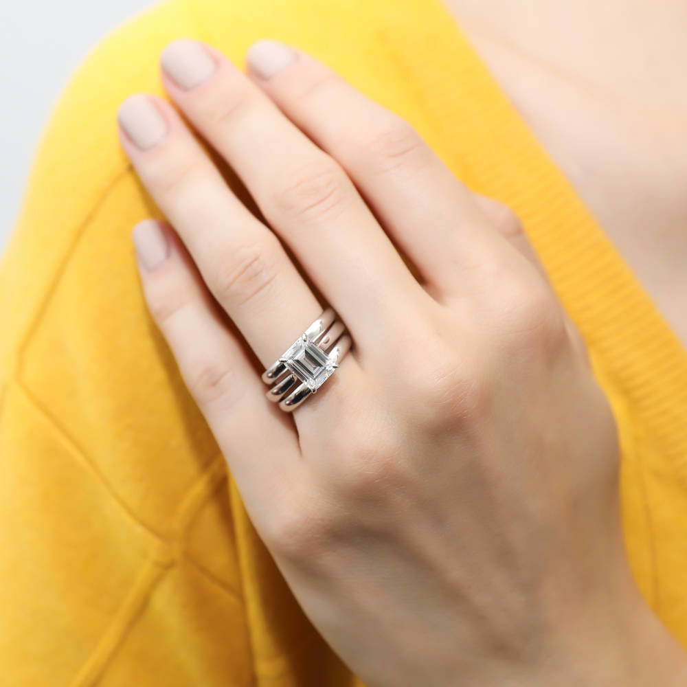 Solitaire 2.6ct Emerald Cut CZ Ring Set in Sterling Silver