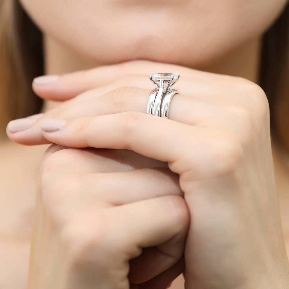 Solitaire 2.6ct Emerald Cut CZ Ring Set in Sterling Silver