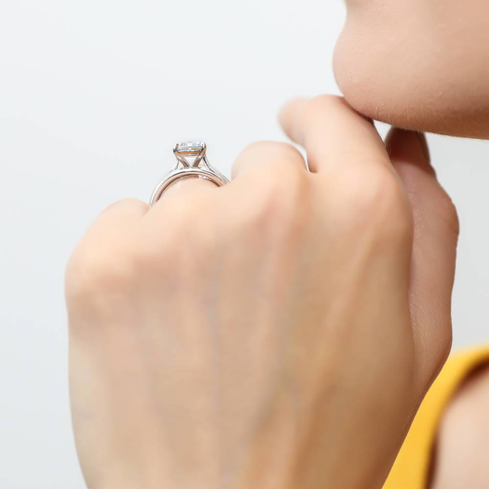 Solitaire 2.6ct Emerald Cut CZ Ring Set in Sterling Silver