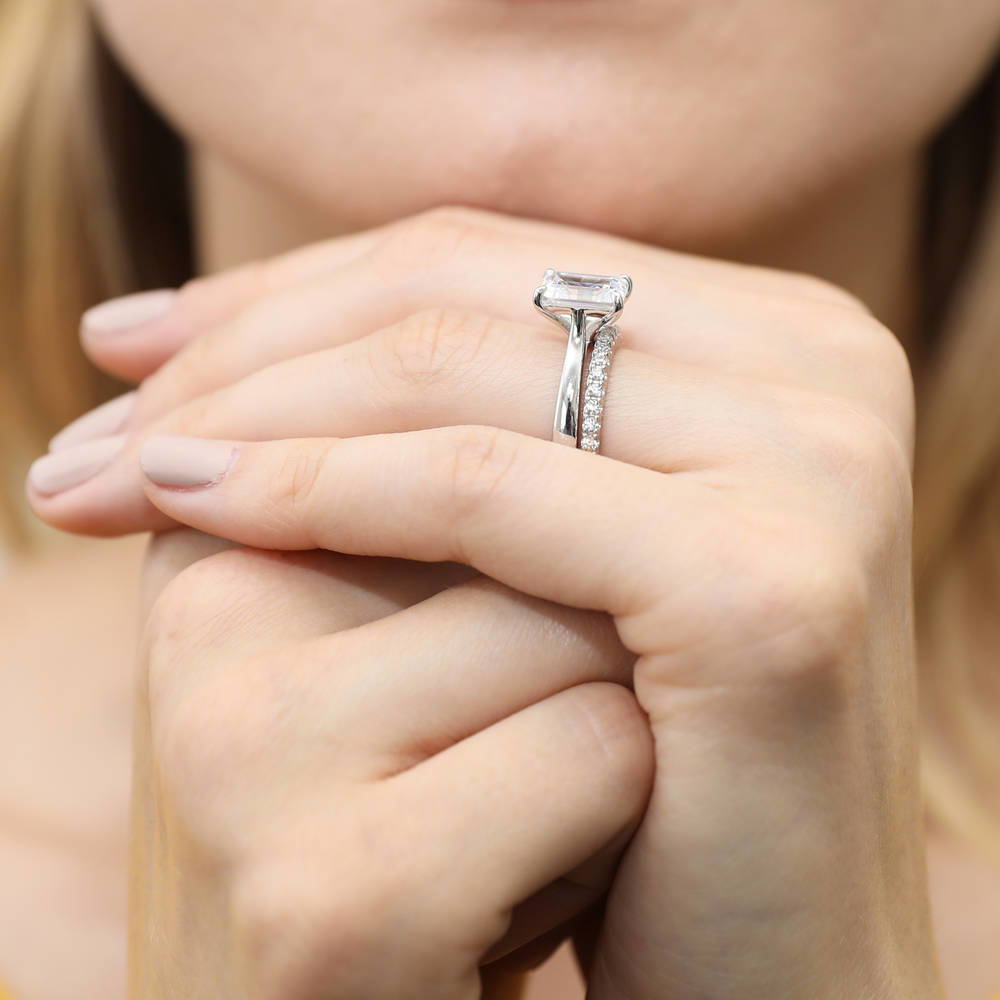 Model wearing Solitaire 2.6ct Emerald Cut CZ Ring Set in Sterling Silver, 6 of 15