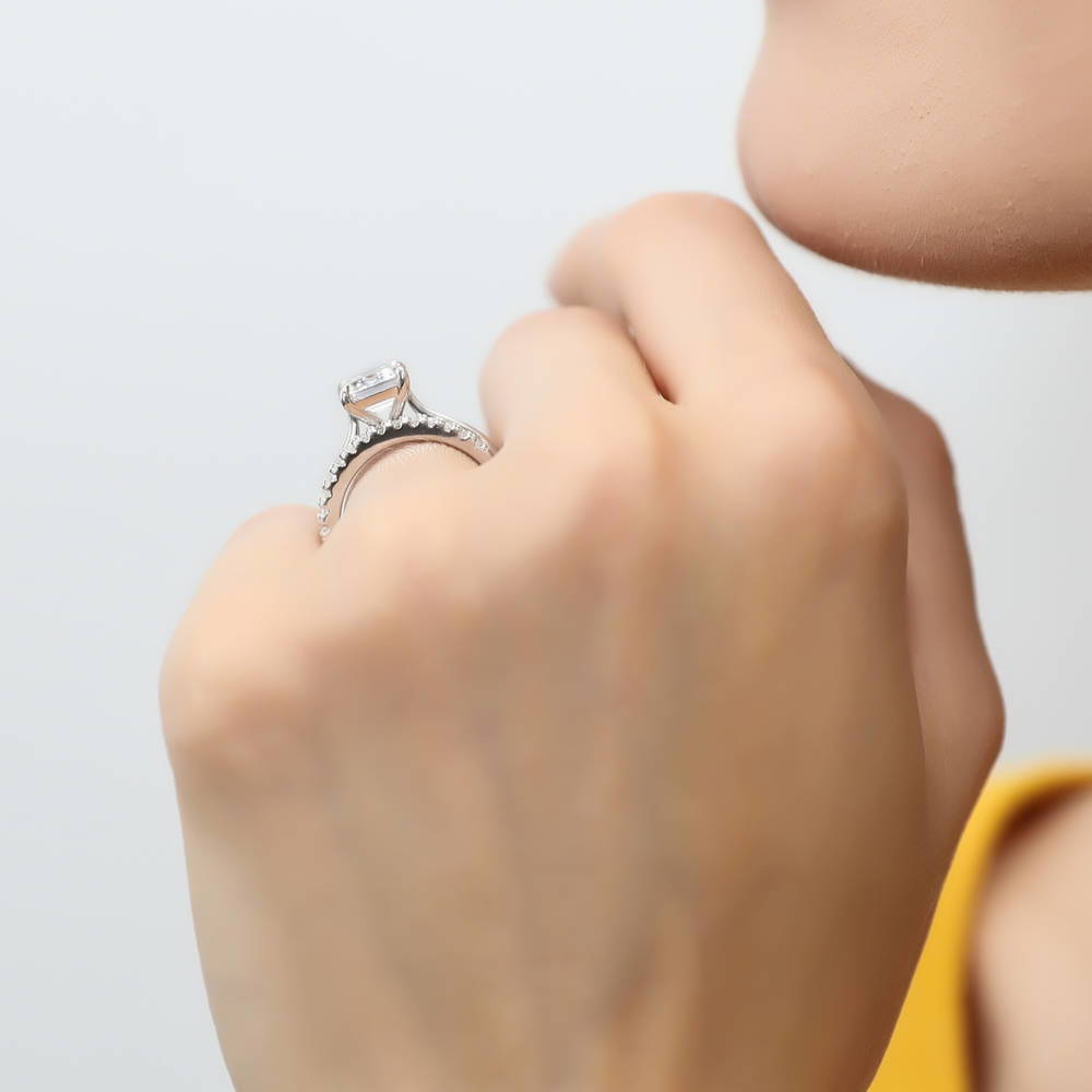 Model wearing Solitaire 2.6ct Emerald Cut CZ Ring Set in Sterling Silver, 3 of 15