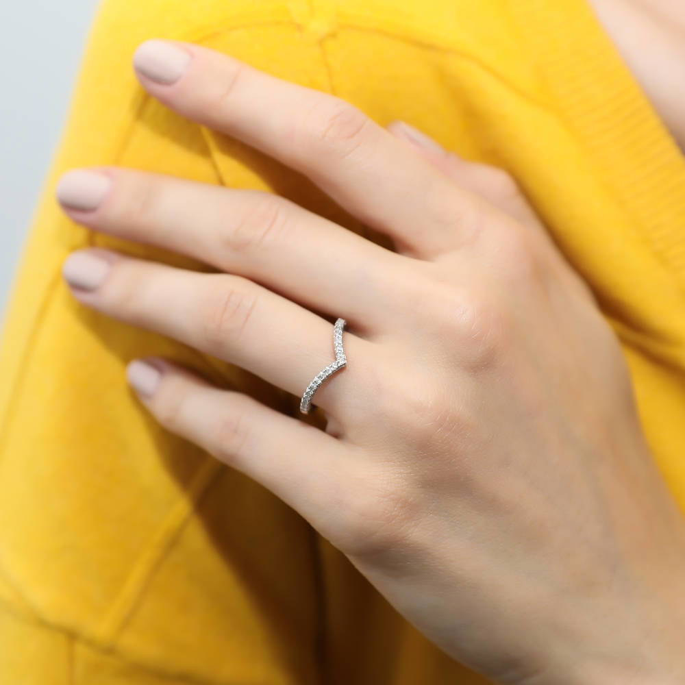 Model wearing Halo Marquise CZ Split Shank Ring Set in Sterling Silver, 6 of 9