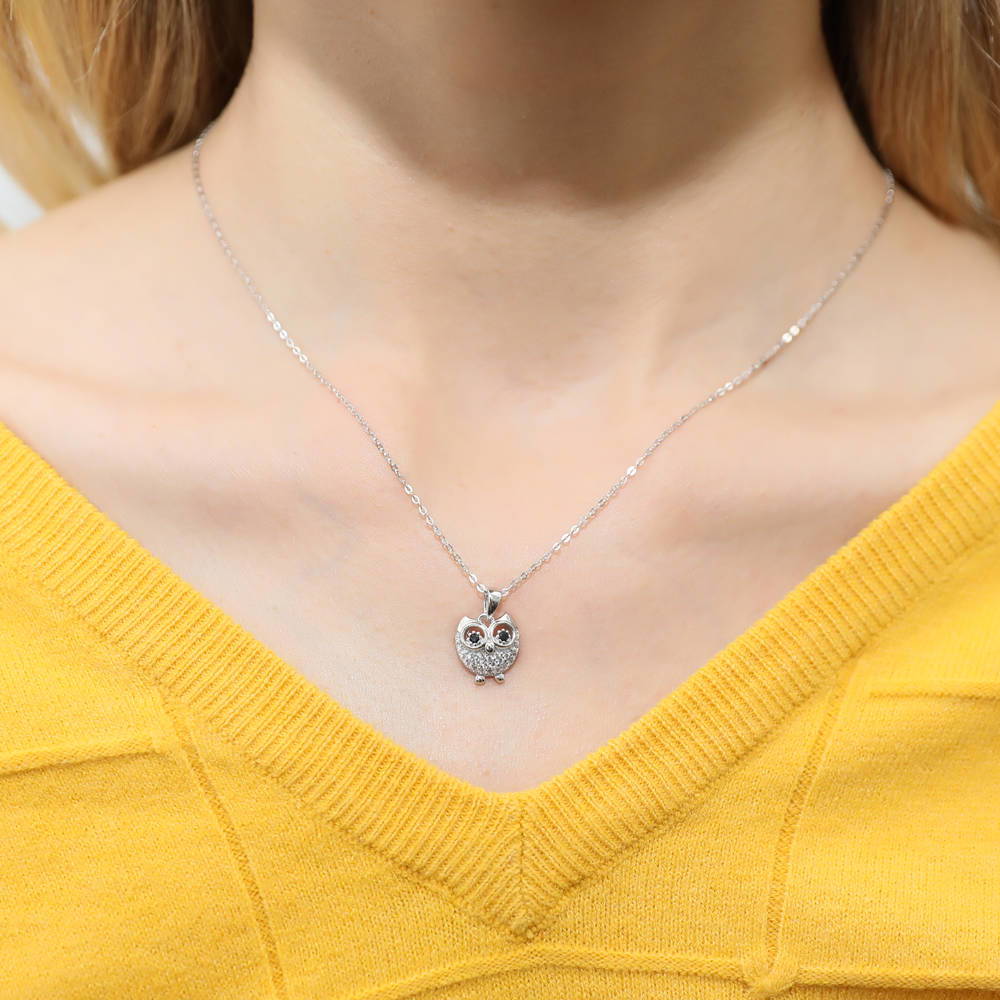 Owl CZ Necklace and Earrings Set in Sterling Silver