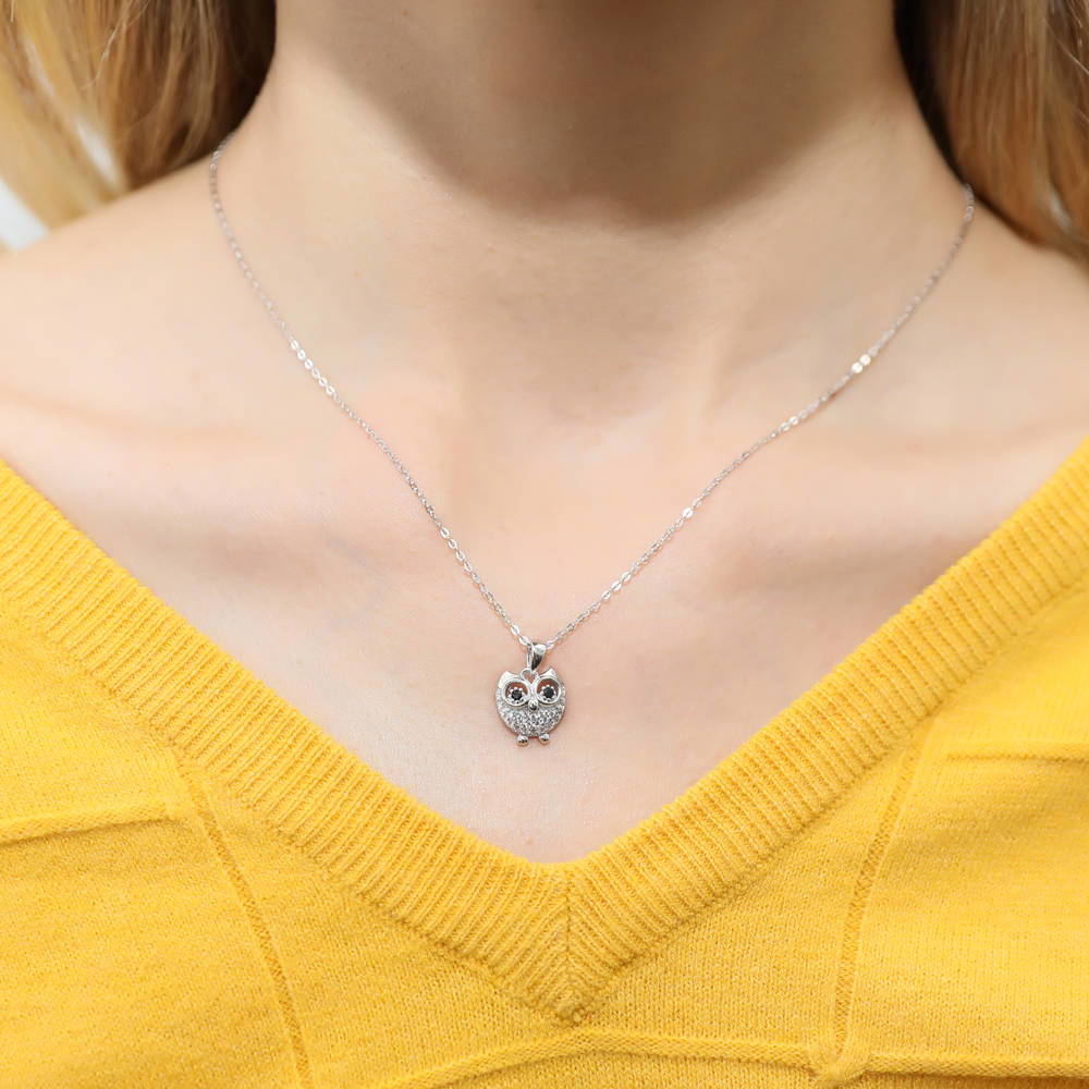 Model wearing Owl CZ Necklace and Earrings Set in Sterling Silver, 6 of 9
