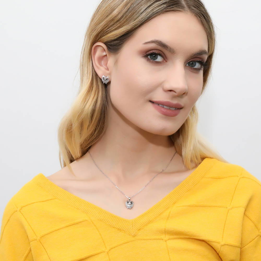 Model wearing Owl CZ Necklace and Earrings Set in Sterling Silver, 2 of 9