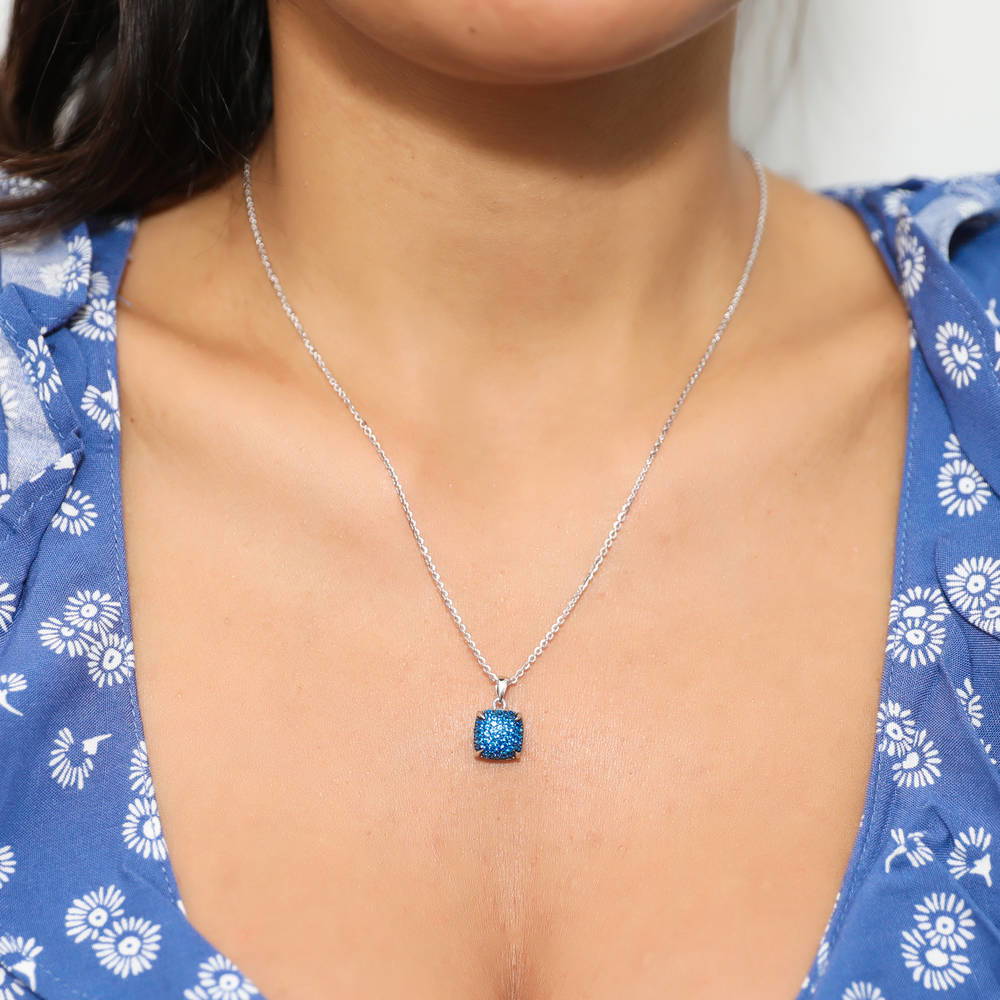 Model wearing Milgrain Blue CZ Necklace and Earrings Set in Sterling Silver, 6 of 8