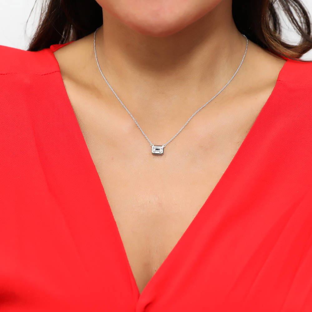 Solitaire East-West Emerald Cut CZ Necklace in Sterling Silver