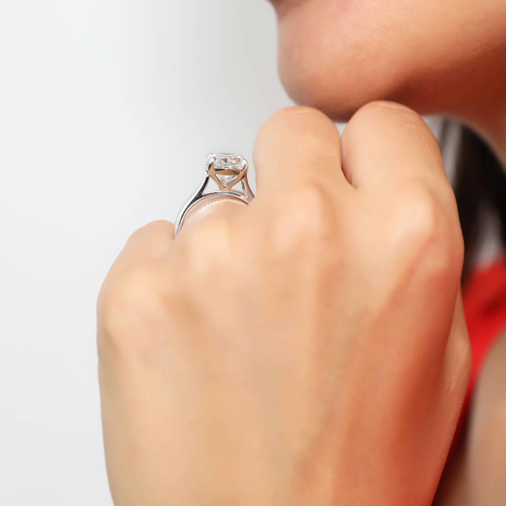 Model wearing Solitaire 5.5ct Oval CZ Statement Ring in Sterling Silver, 3 of 7