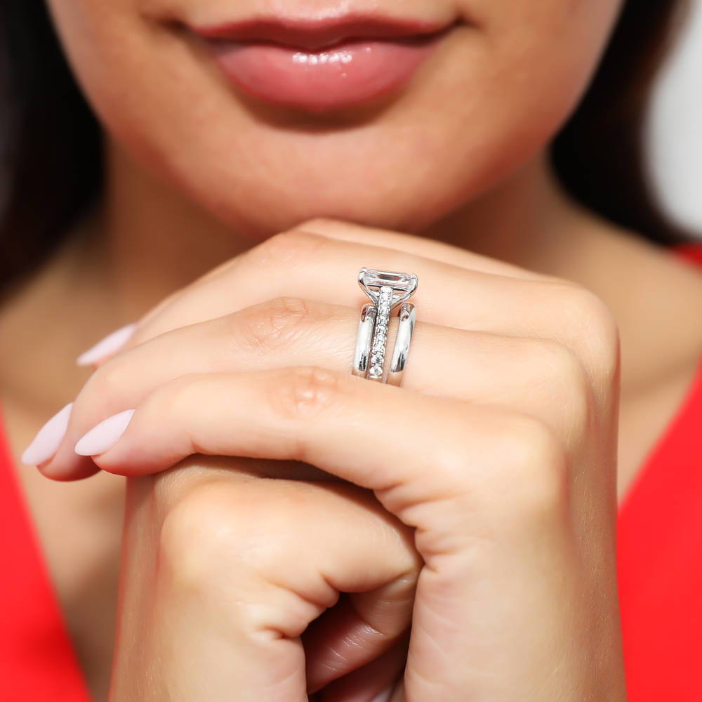 Model wearing Solitaire 2.6ct Emerald Cut CZ Ring Set in Sterling Silver, 2 of 10