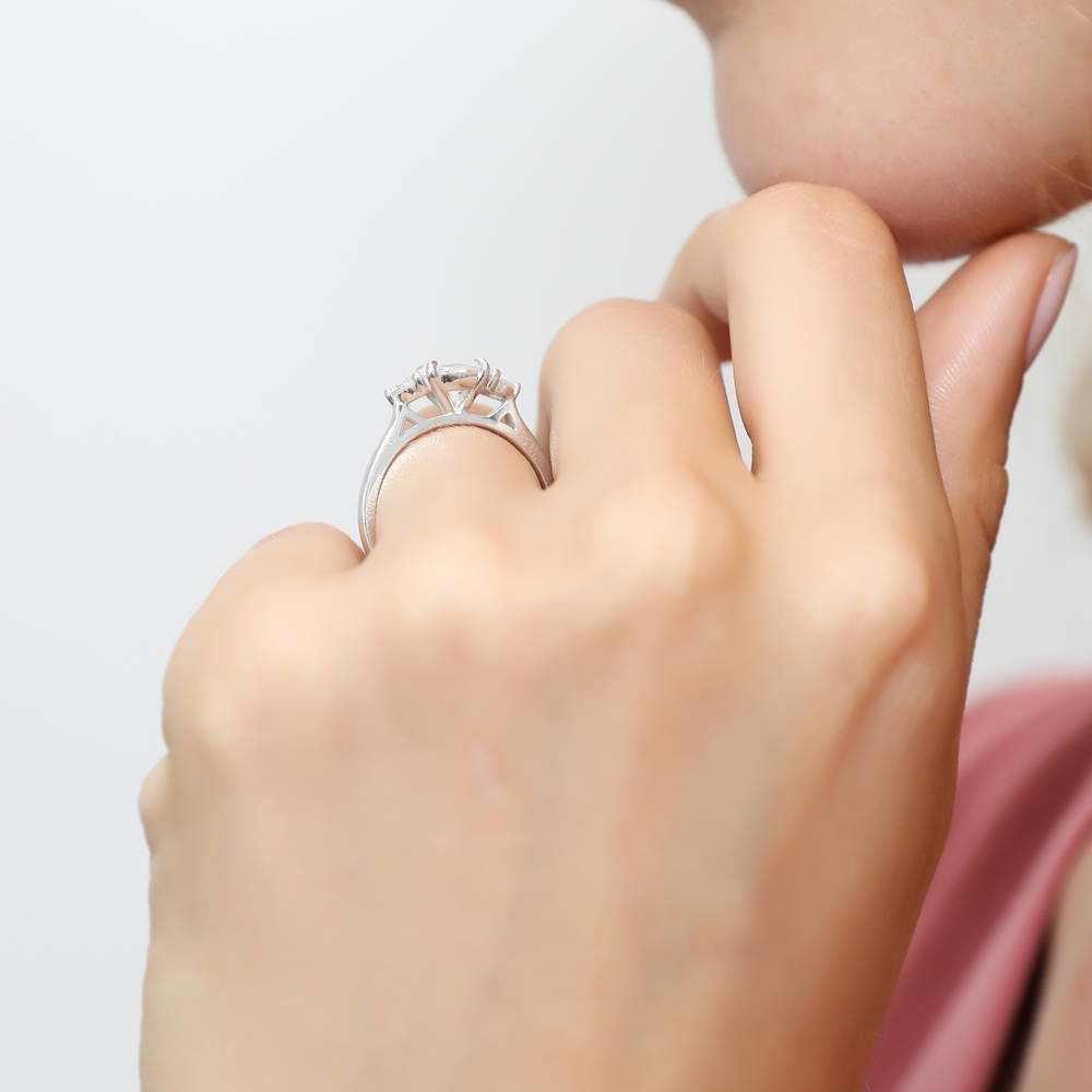 Model wearing 3-Stone East-West Oval CZ Ring Set in Sterling Silver, 9 of 11