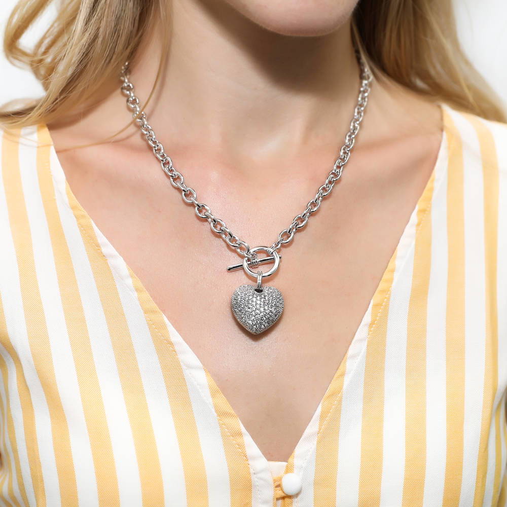 Model wearing Heart CZ Necklace Earrings and Bracelet Set in Silver-Tone, 5 of 18
