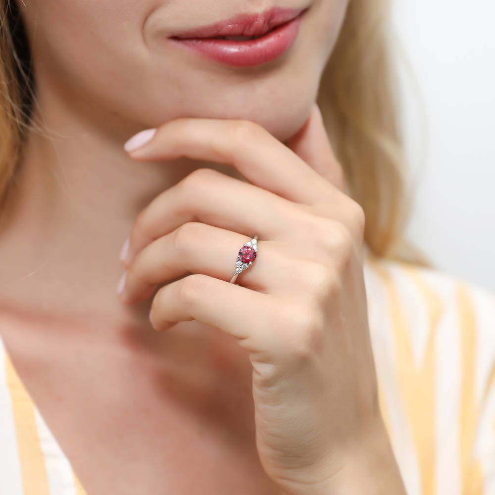 Model wearing Solitaire Red Round CZ Ring in Sterling Silver 0.8ct, 2 of 7