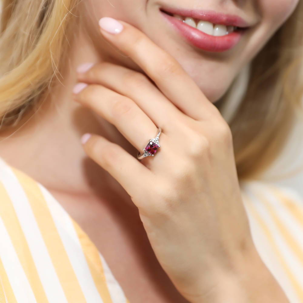 Model wearing Solitaire Red Princess CZ Ring in Sterling Silver 1.2ct, 2 of 7