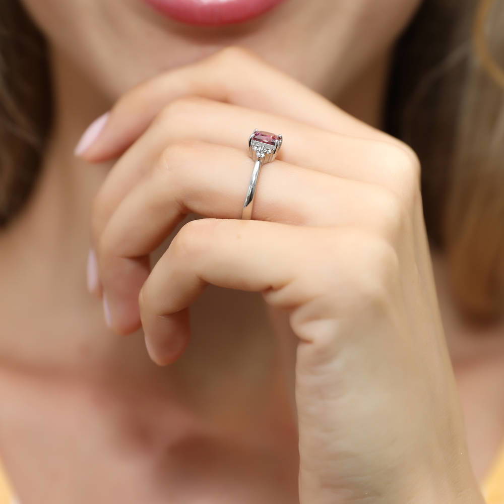 Model wearing Solitaire Red Princess CZ Ring in Sterling Silver 1.2ct, 6 of 7