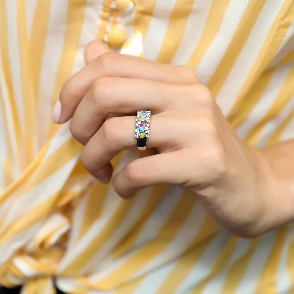 Model wearing Cluster Art Deco Multi Color CZ Ring in Sterling Silver, 3 of 7