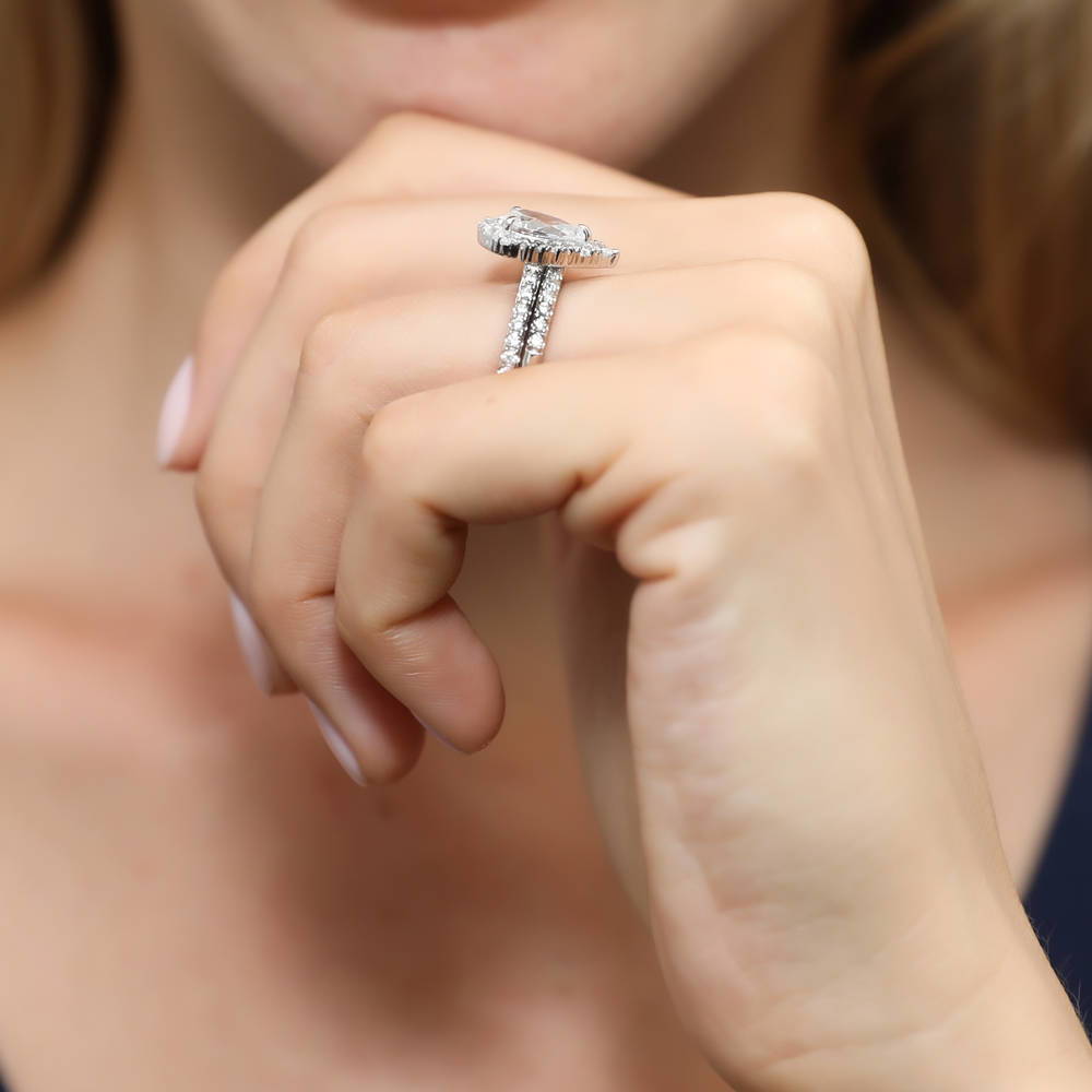Halo Pear CZ Ring Set in Sterling Silver