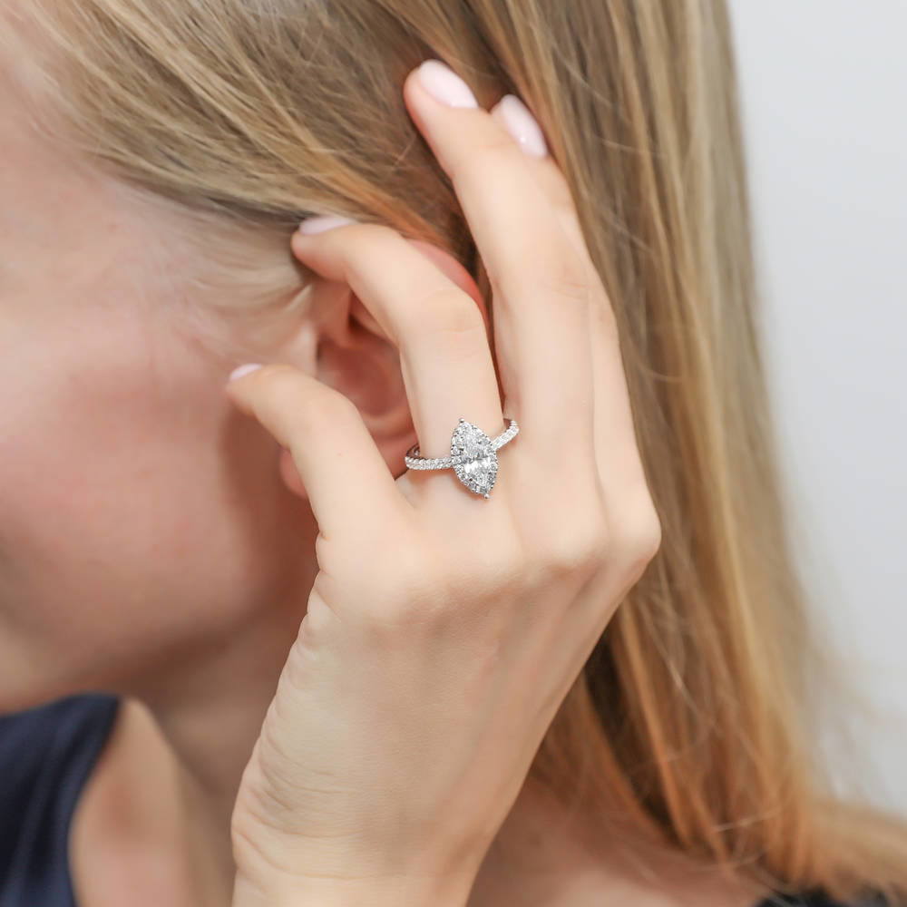 Model wearing Halo Marquise CZ Ring Set in Sterling Silver, 8 of 11