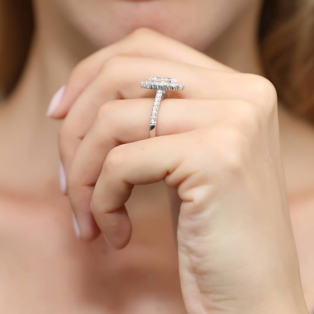 Model wearing Halo Marquise CZ Ring Set in Sterling Silver, 10 of 11